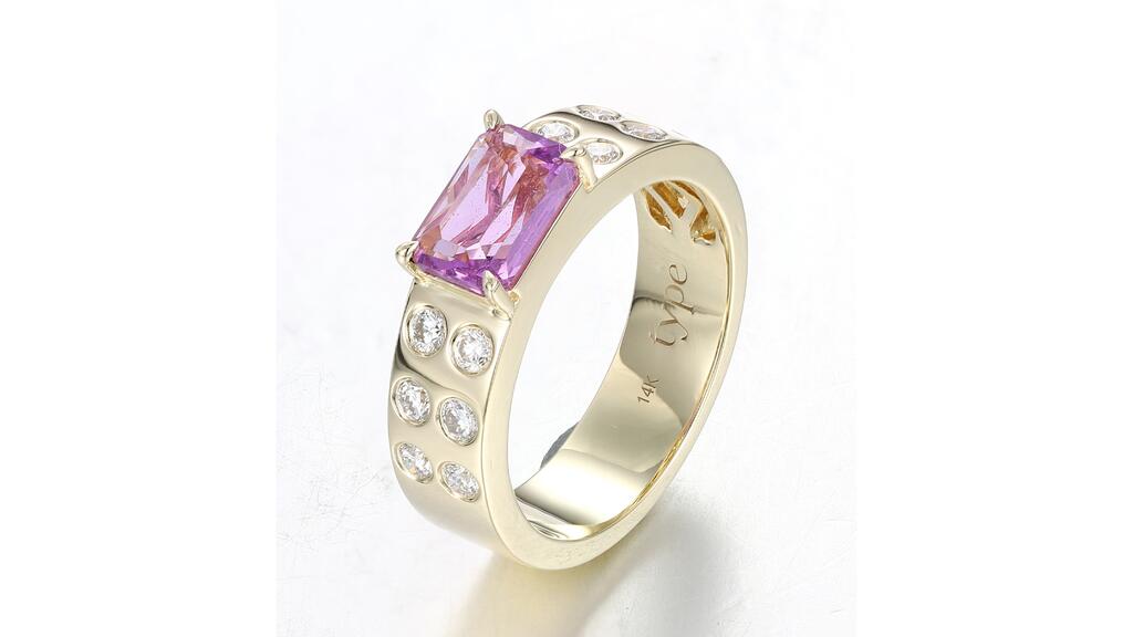Type Jewelry’s “Lego” ID ring with a 4.33-carat pink sapphire and diamonds totaling 0.47 carats set in 14-karat yellow gold ($7,800) Lego ID Ring